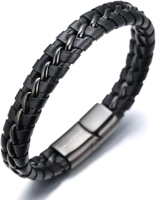 Halukakah Solo Mens Leather Bracelet 24k Real Gold/Platinum/Rhodium Plated Golden Silver Black Titanium Chain Magnetic Clasp 8.5-9"21.5-23cm with Free Giftbox