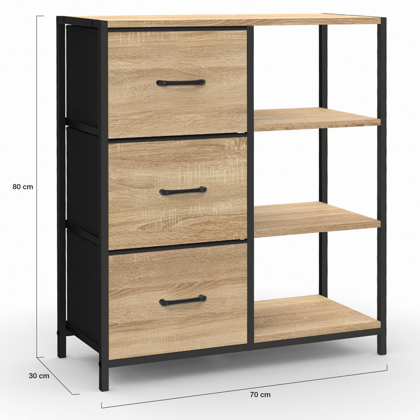 IDMarket - Buffet d'appoint 3 tiroirs et étagères 70 cm Utah Design Industriel