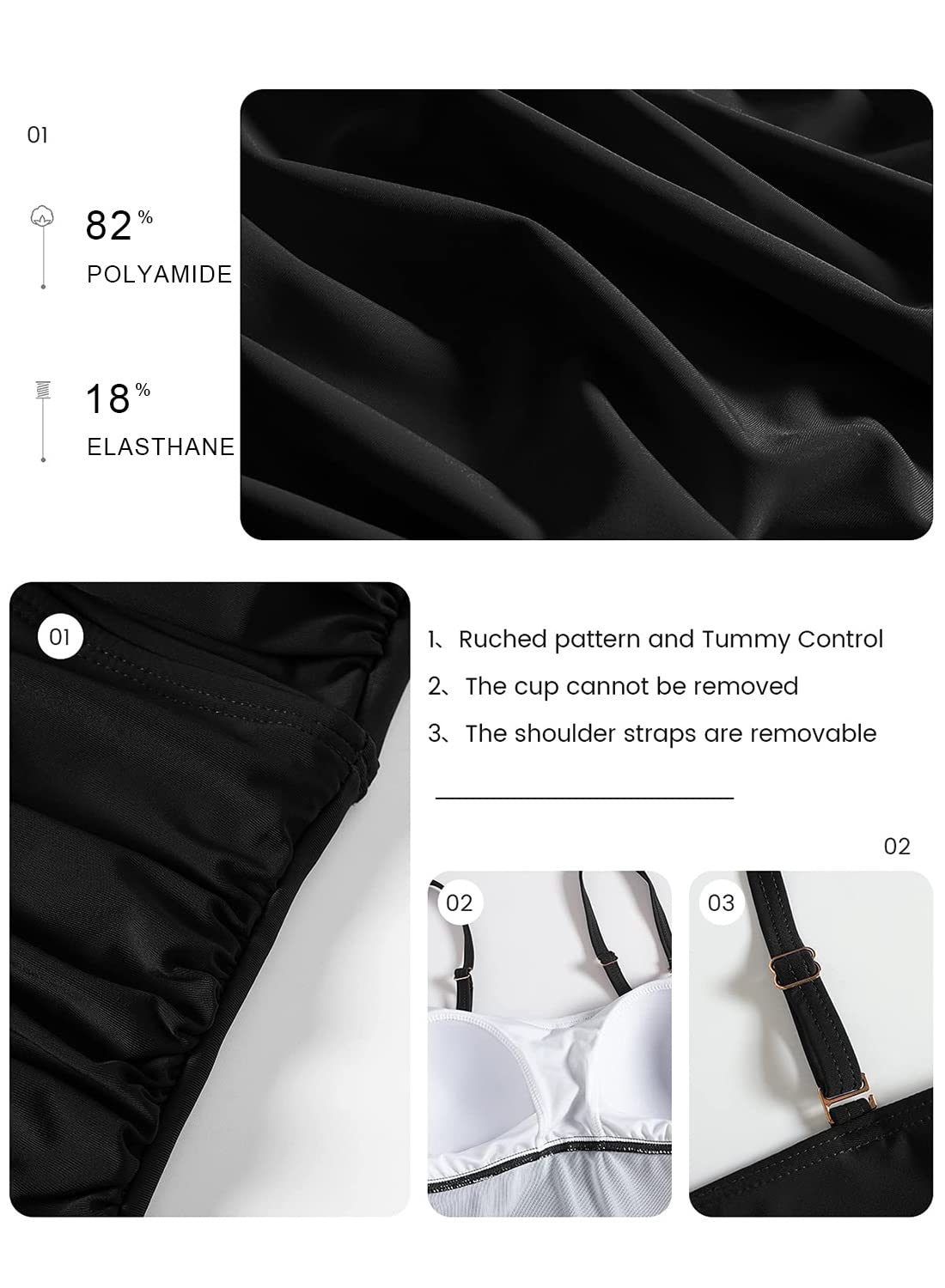 Bañador Mujer Dos Piezas Tankini Push Up Relleno Traje de Baño Reductor Plisado con Aros