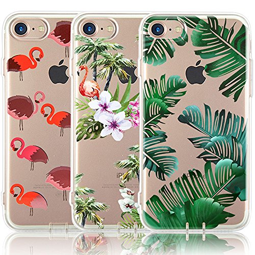 iPhone 7 Case, iPhone 8 Case, [3-Pack] CarterLily Tropical Animals and Plants Design Pattern Soft Clear Flexible TPU Back Case for iPhone 7 iPhone 8 - Plants