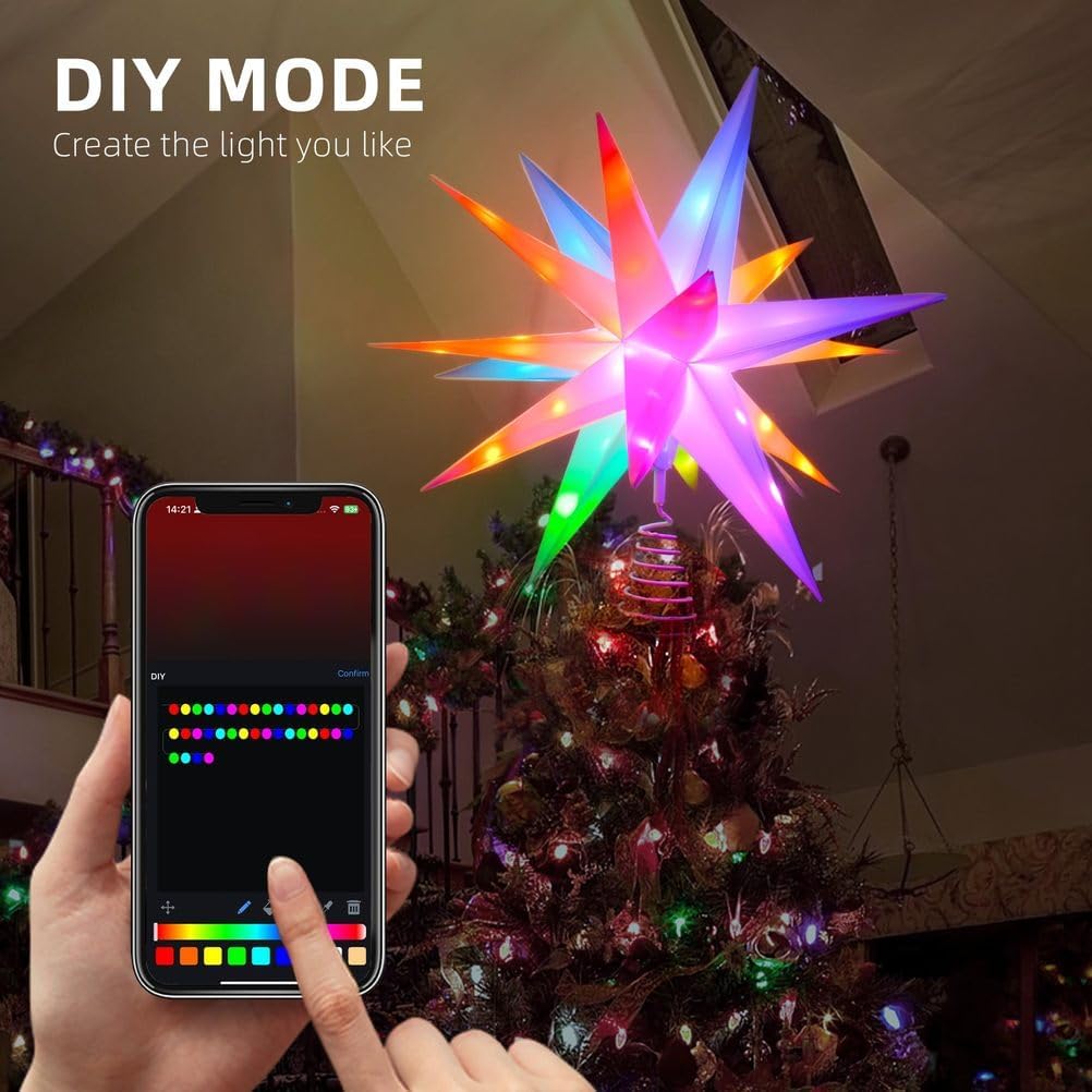 Smart Christmas Star Tree Topper, 3D Lighted Star Topper Christmas Tree Decoration, RGB Music Sync App Remote Control LED Star Tree Topper for Outdoor