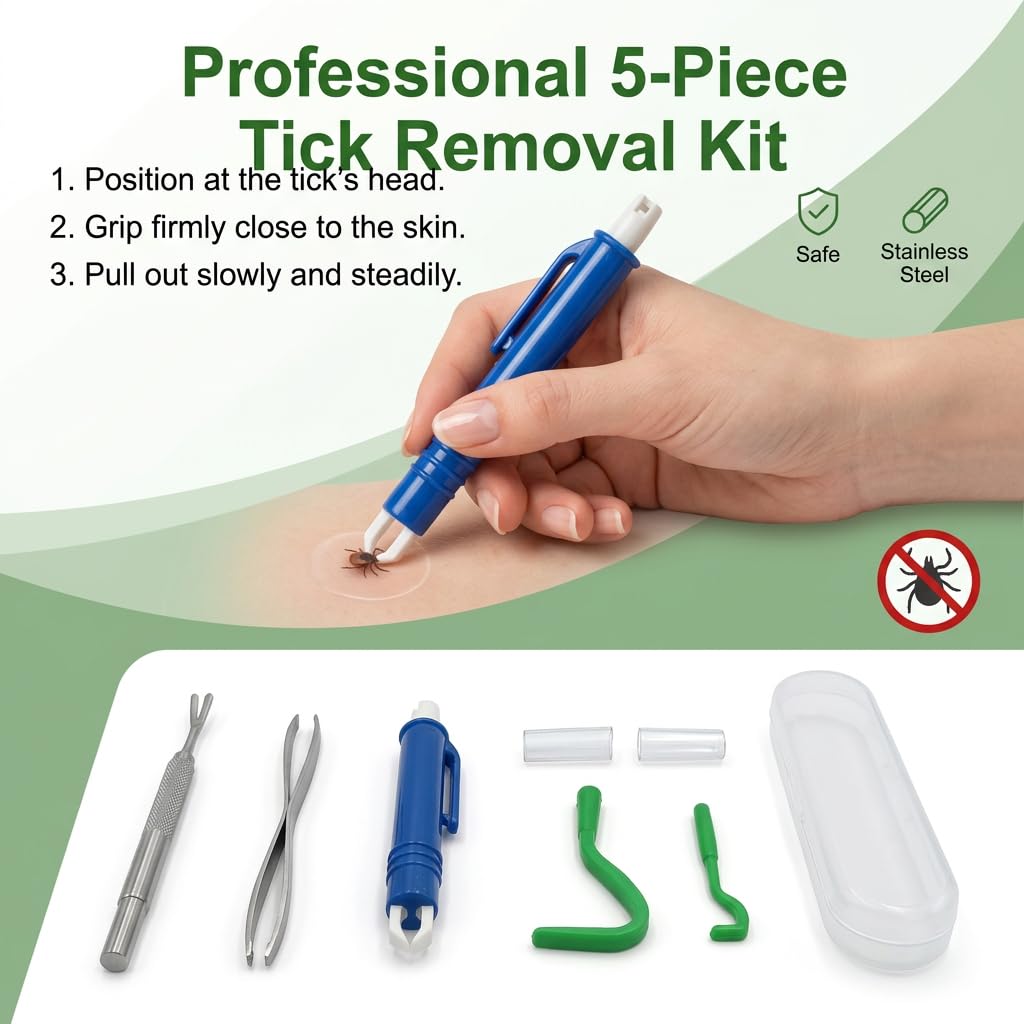 5 pcs Pinces Tiques avec Étui pour Chien Chat Humain, Protection Contre Les Tiques 5 en 1 avec 2 Crochet à Tiques 2 Metal Tweezers 1 Blue Tick Extractor