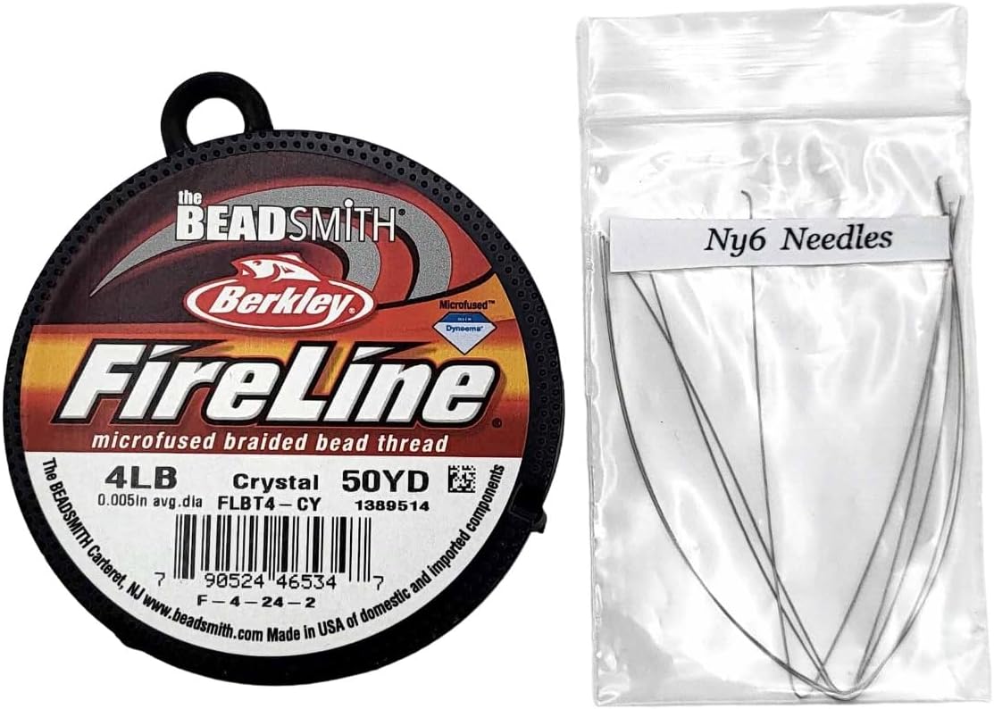 Beadsmith FIRELINE Beading Thread Crystal/Smoke 4LB 6LB 8LB 50 YRD/Spool (Crystal, 4LB 0.12mm) with Fine Beading Needle Bundle Kit for Jewelry Making & Beadwork