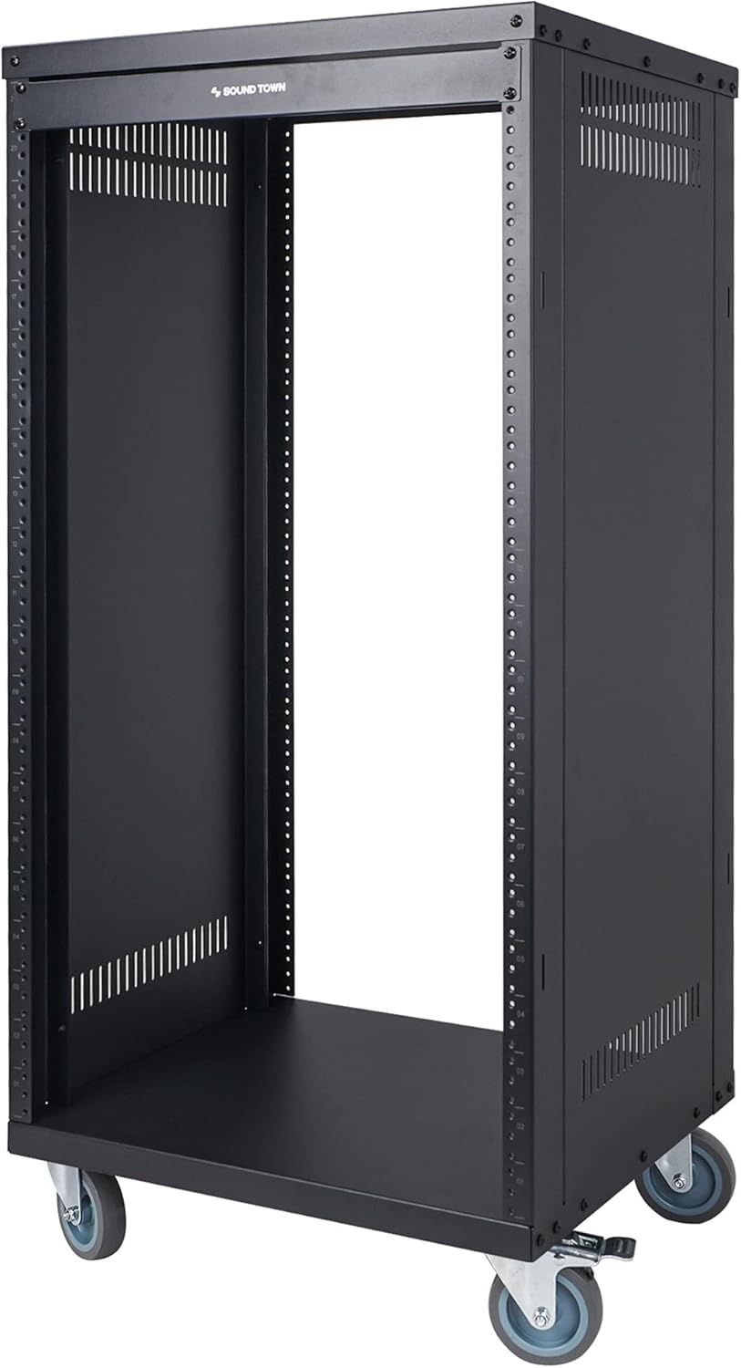 Sound Town 21U Universal Steel Rack, w/Mesh Doors, Locking Casters, Vented Side Panels for Audio Video, Server and Network Equipment (STRK-M21UWD)