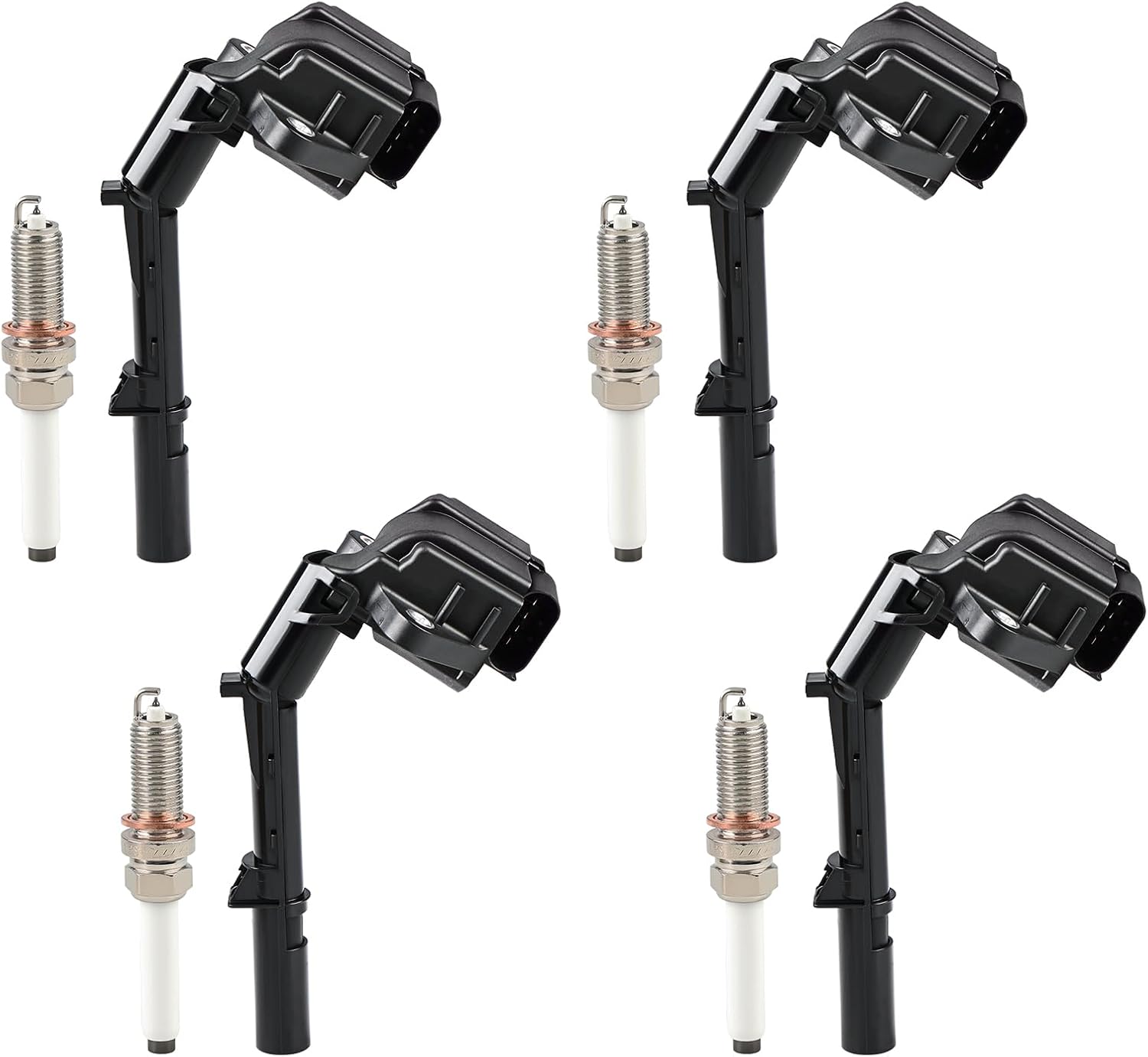 Ignition Coils Pack and Spark Plug Compatible with Infiniti Q50 Q60 Mercedes-Benz C300 C350e CLA250 E300 GLA250 GLC300 GLC350e Metris SLC300 SLK300 Sprinter Replacement for UF-734 Set of 4