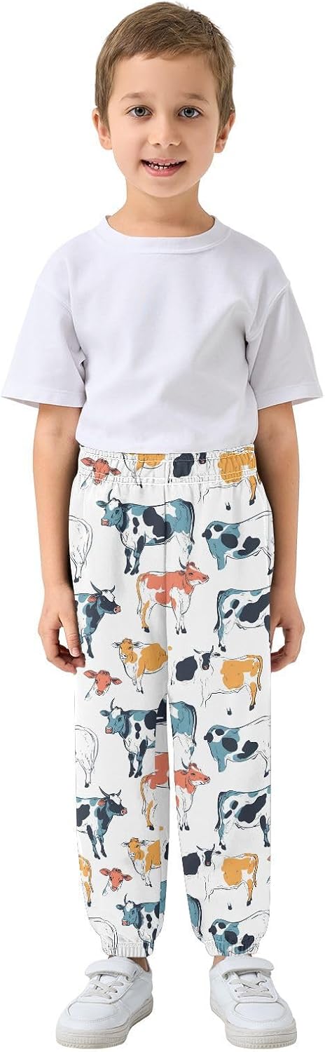 Boy Sweatpants Cartoon Animal Cow Joggers Casual Athletic Pants Kids Elastic Waist Cuffed with Pockets