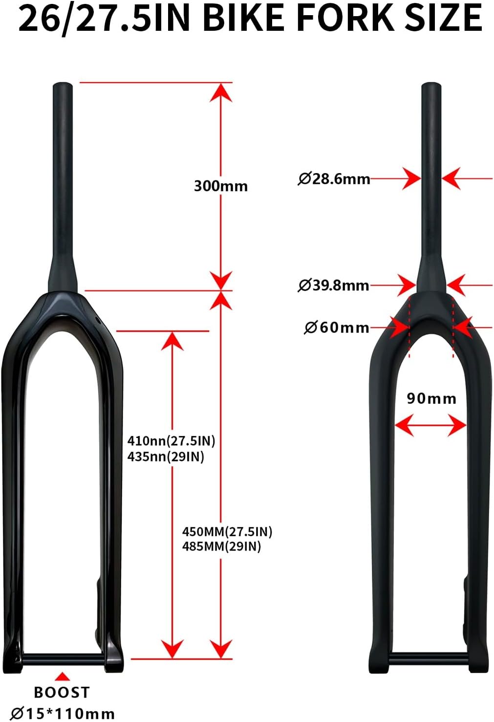 27.5/29'' Mountain Bike Rigid Fork 1-1/2'' Tapered Tube Carbon Fiber Rigid Fork Thru Axle 15x110mm Boost Front Forks Disc Brake 615g