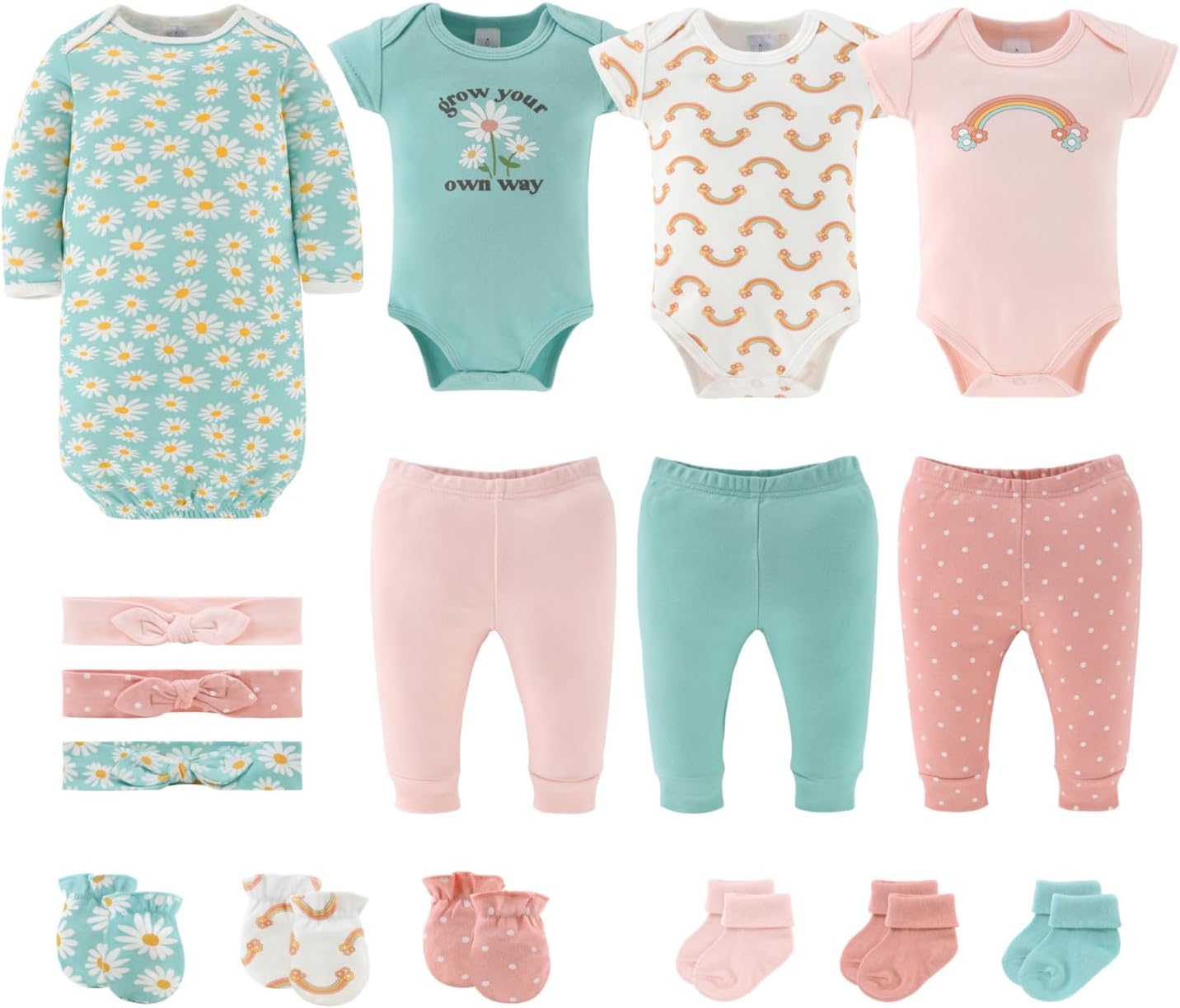 The Peanutshell Baby Layette Gift Set for Girls – 16 Piece New Born Girl Gift Set, Baby Clothes & Newborn Essentials Must Haves – Newborn Clothes 0-3 Months – Carefree Floral