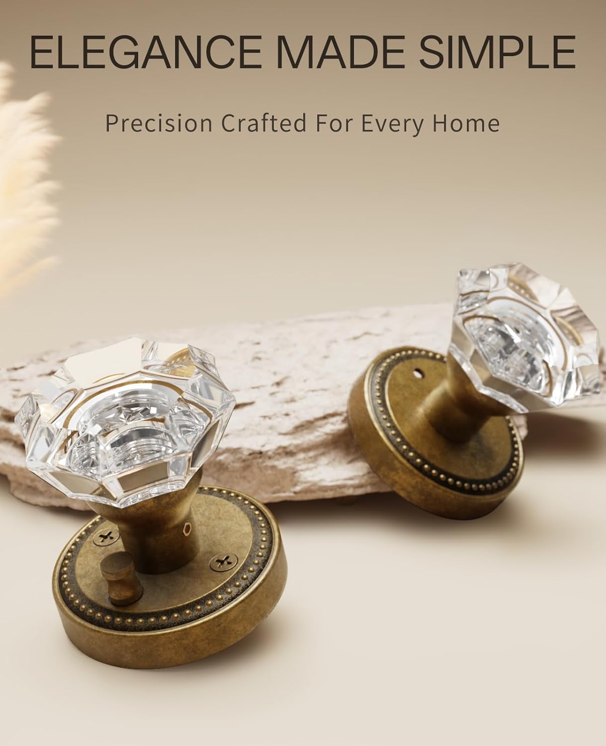 Asidrama 6 Pack Privacy Antique Brass Crystal Door Knob with Lock, Vintage Antique Brass Glass Door Knobs Interior for Bedroom or Bathroom, Heavy Duty Door Handle for Left Right Sided Doors