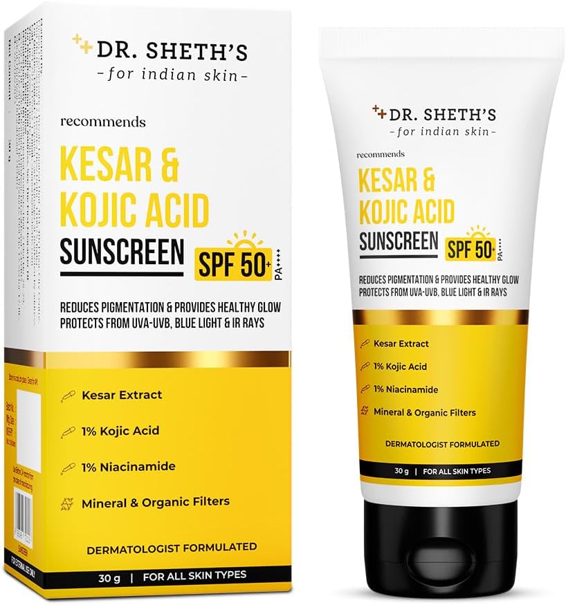 Kesar & Kojic Acid Sunscreen SPF 50+ Pa++++ |In-Vivo Tested | For Pigmentation-Free Skin | Lightweight & Non Greasy | For UVA/UVB & Blue Light & IR Protection | No White Cast | For All Skin Types | For Men & Women | 30 g