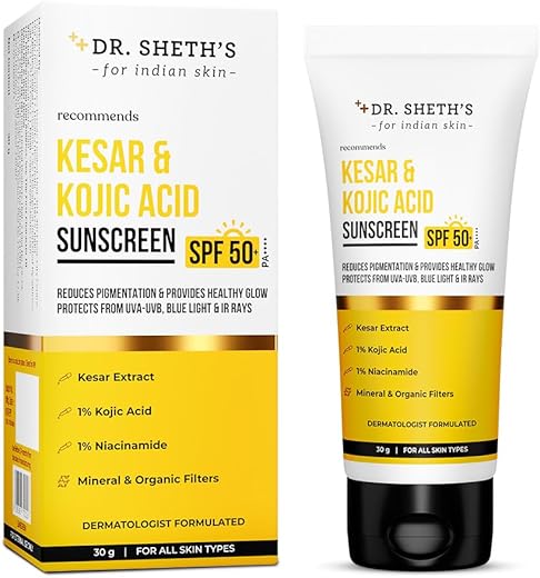 Dr. Sheth’s Kesar & Kojic Acid Sunscreen SPF 50+ Pa++++ |In-Vivo Tested | For Pigmentation-Free Skin | Lightweight & Non Greasy | For UVA/UVB &…