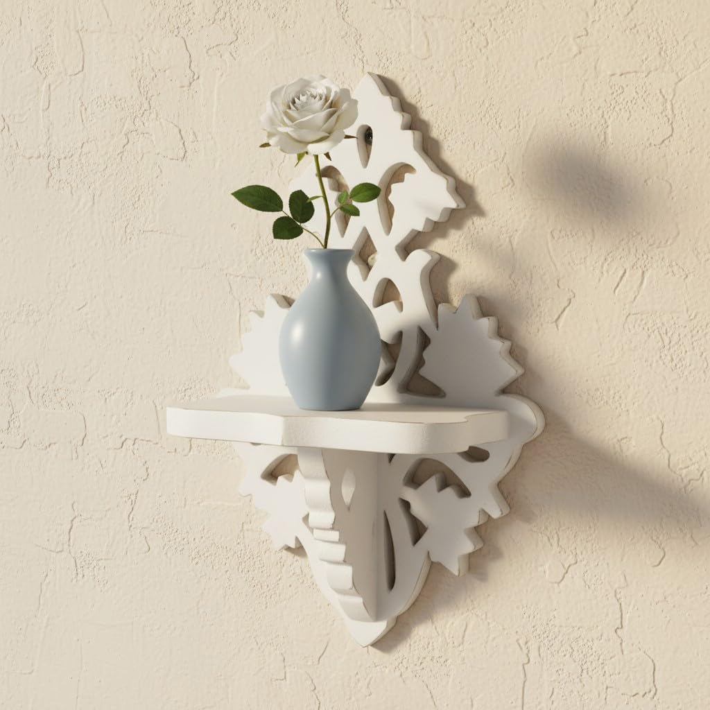 Adan's Homes Shelf Wooden Wall Mounted Distressed White Color 30 x 20 X 15 CM Pack of One French Country Style Elegantly Floral Hand Crafted for Home and Office Decor AHSLF30WH