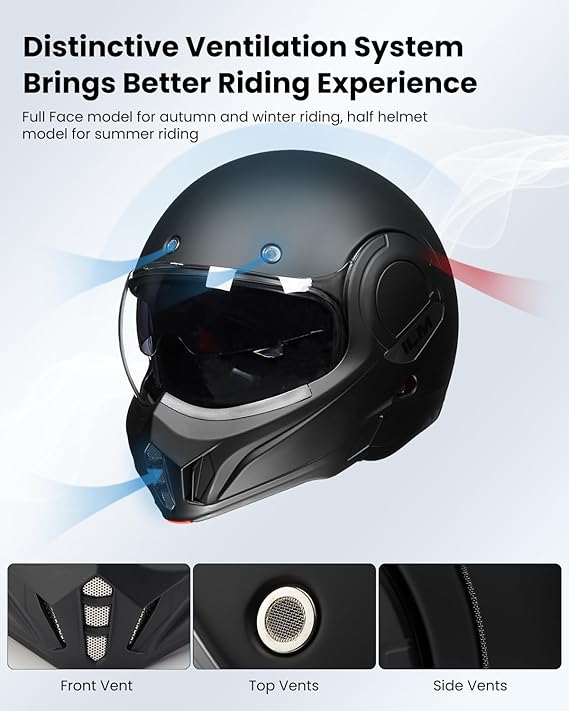 ILM Vintage Full Face Modular Motorcycle Helmet for Adults Men ATV UTV Snowmobile with 180 Reversible Chin Guard DOT ILM-B707(Matte Black, L)