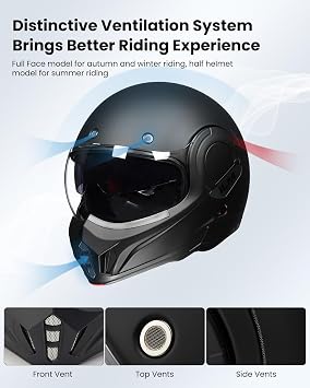 ILM Vintage Full Face Modular Motorcycle Helmet for Adults Men ATV UTV Snowmobile with 180 Reversible Chin Guard DOT ILM-B707(Matte Black, L)