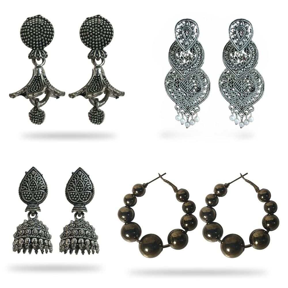 Silver Earrings for Women, Jewellery Set for Women Jhumka, Studs, Rose Gold,White Earrings, Golden Pearl, Traditional Jewellery-combo of 4
