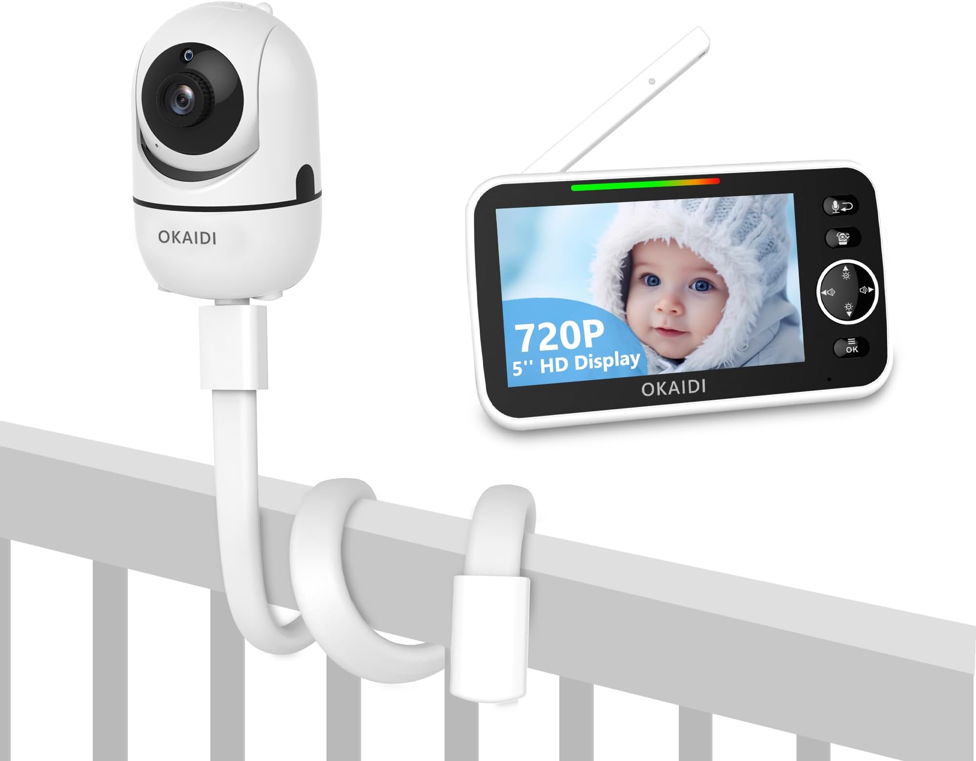 OKAIDIOKAIDI 5" HD Baby Monitor with Mount, 720P Display Baby Monitor, 5000mAh Battery, Baby Monitor Mount for OD8050/OD8052/OD8051, Baby Camera Stand, Remote Pan-Tilt, 3X Zoom, Baby Monitor No WiFi