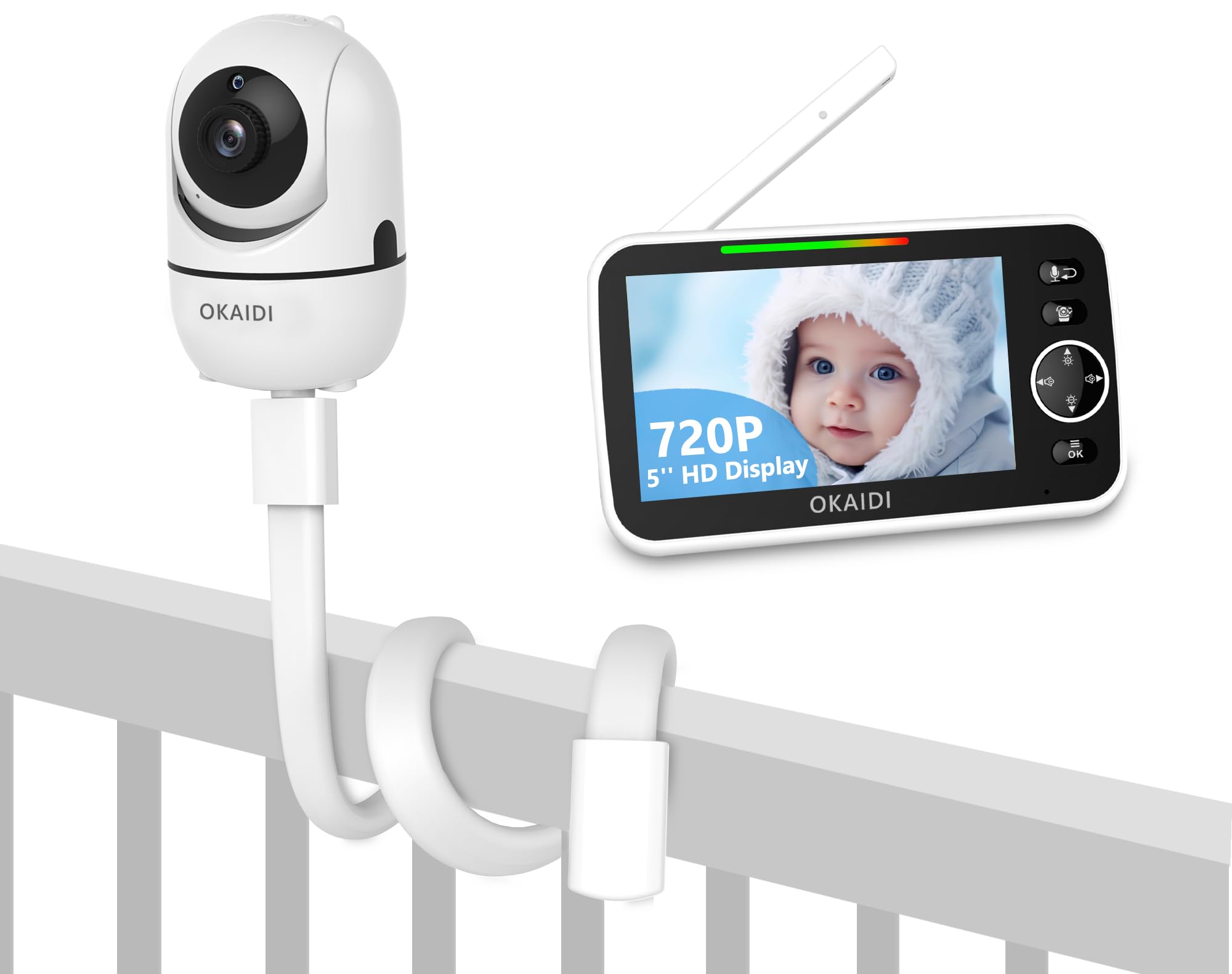 OKAIDIOKAIDI 5" HD Baby Monitor with Mount, 720P Display Baby Monitor, 5000mAh Battery, Baby Monitor Mount for OD8050/OD8052/OD8051, Baby Camera Stand, Remote Pan-Tilt, 3X Zoom, Baby Monitor No WiFi