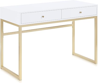 BELLEZE Modern 42 Inch Makeup Vanity Dressing Table or Home Office Computer Laptop Writing Desk with Two Storage Drawers, Wood Top, and Gold Metal Frame - Bronte White