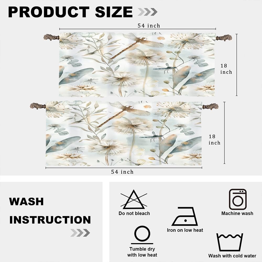 2 Panels Farmhouse Plant Valances for Windows, Rod Pocket Dandelion Floral Dragonfly Valance Curtains Home Decor Window Treatment for Kitchen, Bathroom, 54" W X 18" L