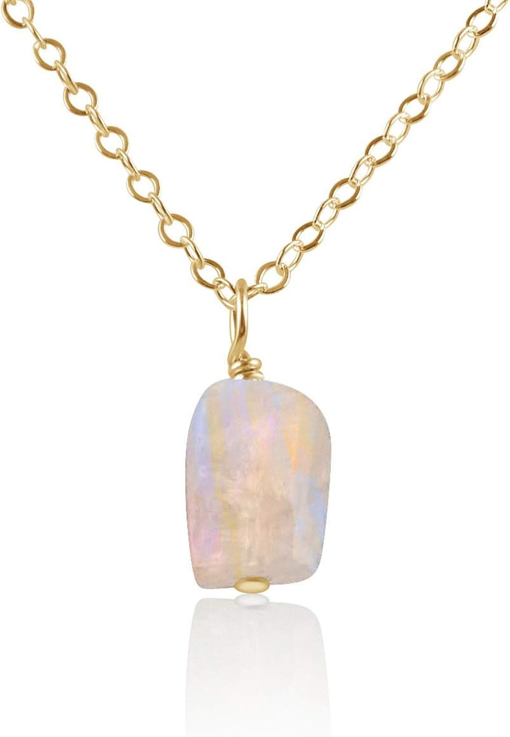 Rainbow Moonstone Raw Crystal Pendant Necklace in 14k Gold Fill