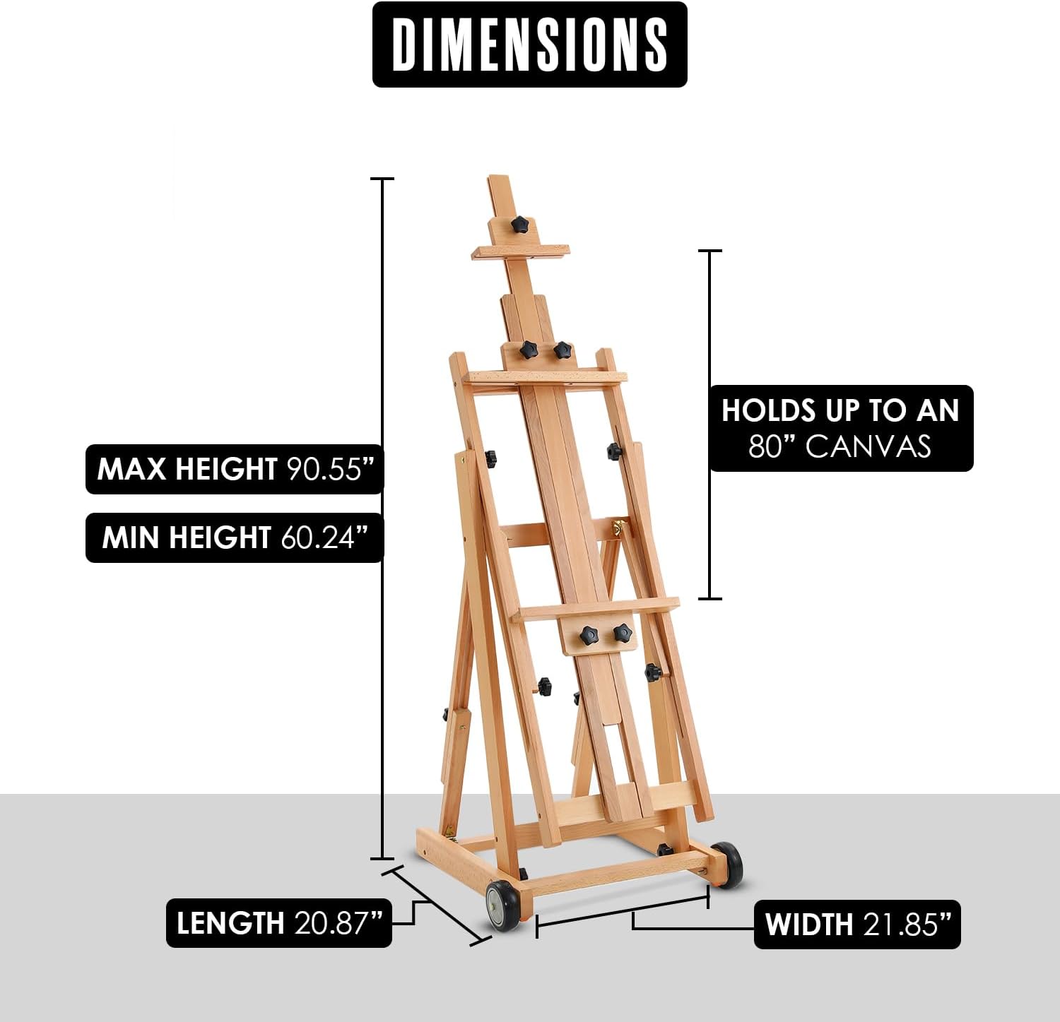 Houseables Easel for Painting, H Frame Easel, Painting Stand, Floor Standing, for Large Canvas, Adjustable, Tilt Flat, Rolling Wheels, Wood, Studio, Adults, Painters, Arts & Crafts, Fits 80” Canvas