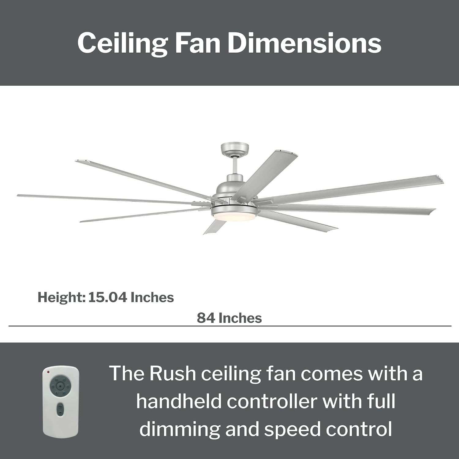 Craftmade RSH84PN8 84″ Painted Nickel Indoor/Outdoor Ceiling Fan with 8 Painted-Nickel Blades | Integrated LED Light Kit 1040 Lumens, 3000 K | 6-Speed Reversible DC Motor | Wet-Rated