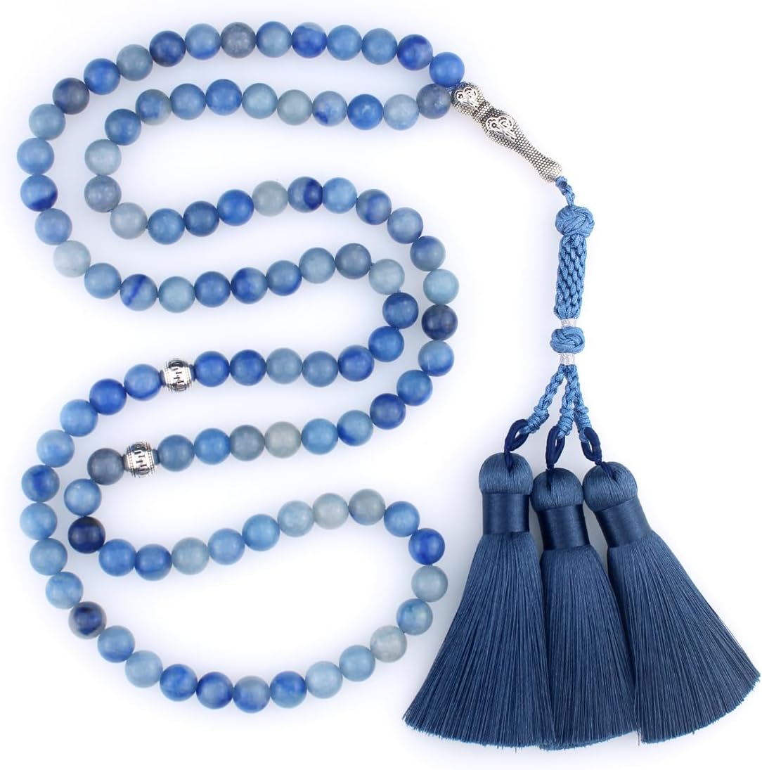 Muslims Islamic Dhikr 99 Tasbeeh Tasbih Prayer Beads, Blue Aventurine Stone Beads with Tassel