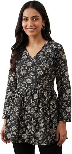 Women's Floral Printed Tunic Top, Pink, V-Neck, Long Sleeve, Flared Hem, Casual Wear