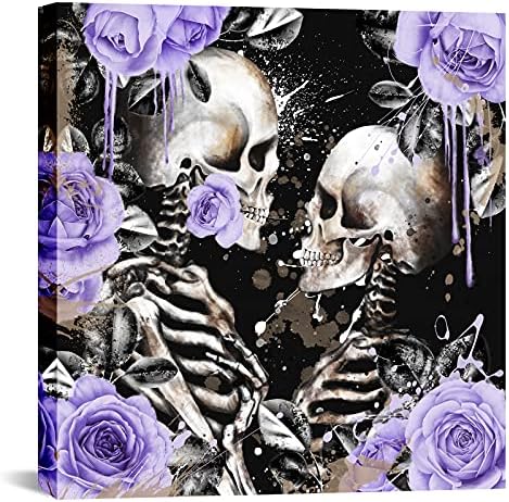OuElegent Skeleton Couple Wall Art Skull Lovers with Purple Flower Print on Canvas Painting Romantic Gothic Theme Pictures Artwork for Living Room Bedroom Wall Decor Framed Ready to Hang 24"x24"