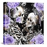 OuElegent Skeleton Couple Wall Art Skull Lovers with Purple Flower Print on Canvas Painting Romantic