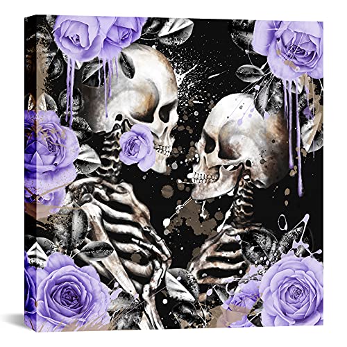 Ouelegent Skeleton Couple Wall Art Skull Lovers With Purple Flower Print On Canvas Painting Romantic Gothic Theme Pictures Artwork For Living Room Bedroom Wall Decor Framed Ready To Hang 24"X24" #TOP30