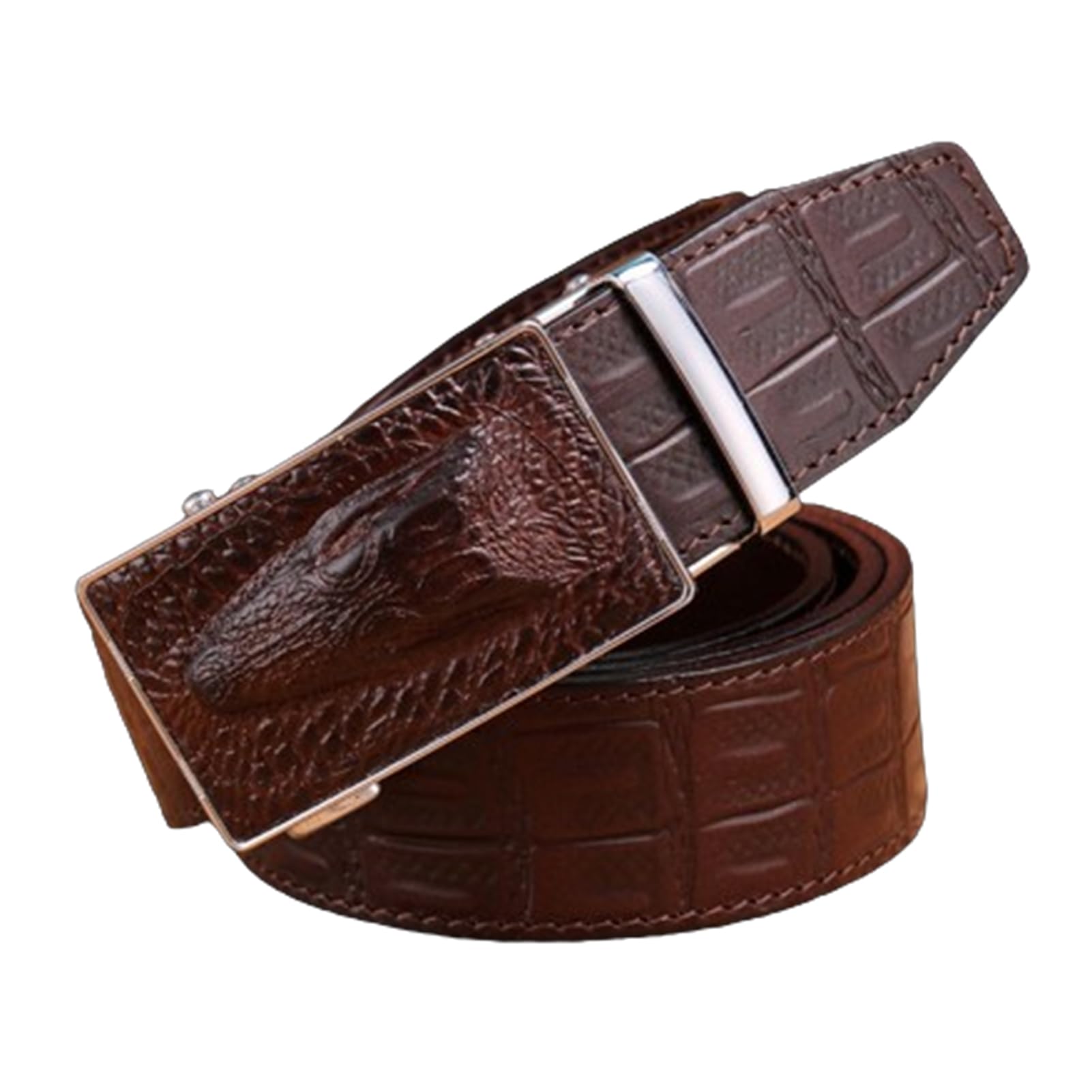 Cinturón de costura de cuero para hombre, hebilla de trinquete automática, correa de cintura deslizante, ajuste para adaptarse con cabeza de cocodrilo grabada