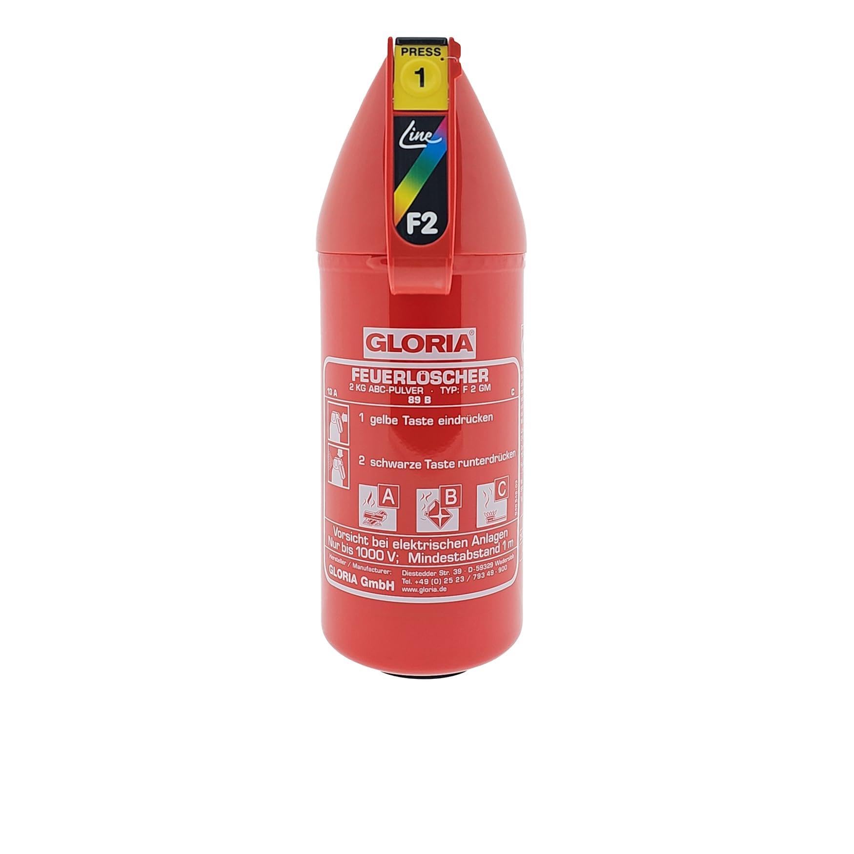 Estintore (Efficacia: 13-89B-C) | Estintore da 2 kg. di ABC Powder | Modello: F2GM | Brand Gloria | Multi-applicazione, utilizzata per auto, barche, roulotte, case, locali commerciali e altro ancora.