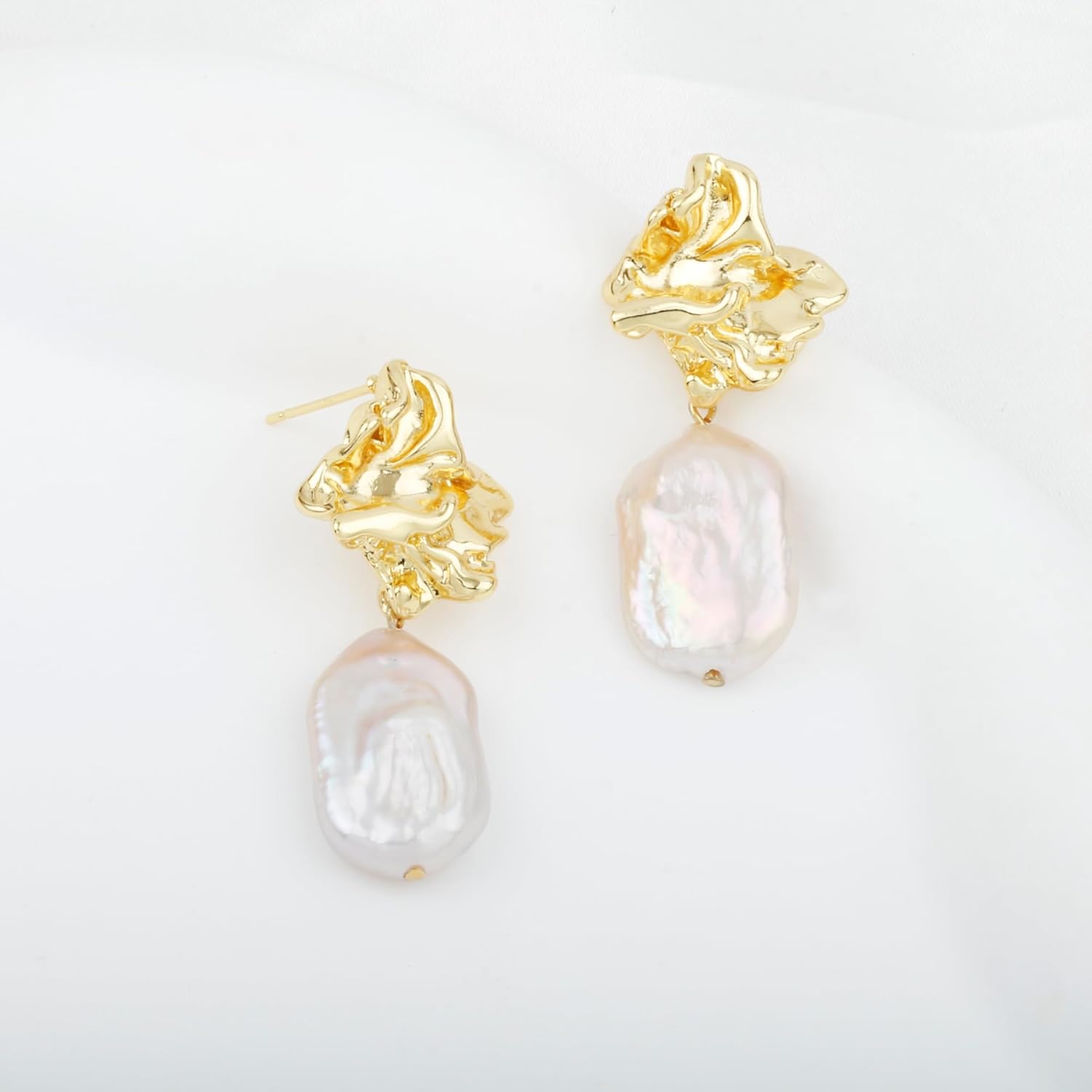 Handmade Freshwater Cultured Rectange Baroque Pearl Statement Dangling Drop Earrings for Women - Image 3