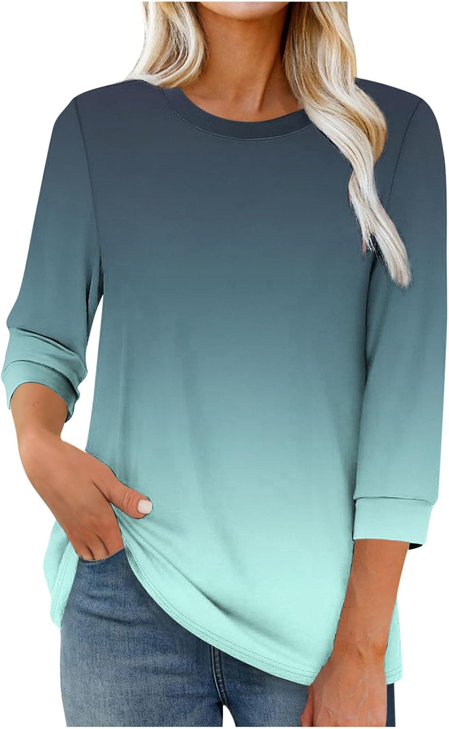 3/4 Length Sleeve Tops for Women Casual Loose Fit Crewneck T Shirts Cute Solid Three Quarter Length Tunic Tops