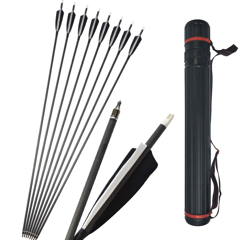 34" Frecce in carbonio Spine 500 Frecce da caccia Piuma naturale con 100 grani punta di freccia sostituibile per arco ricurvo Arco composto Caccia al tiro con l'arco (Frecce + Faretra)