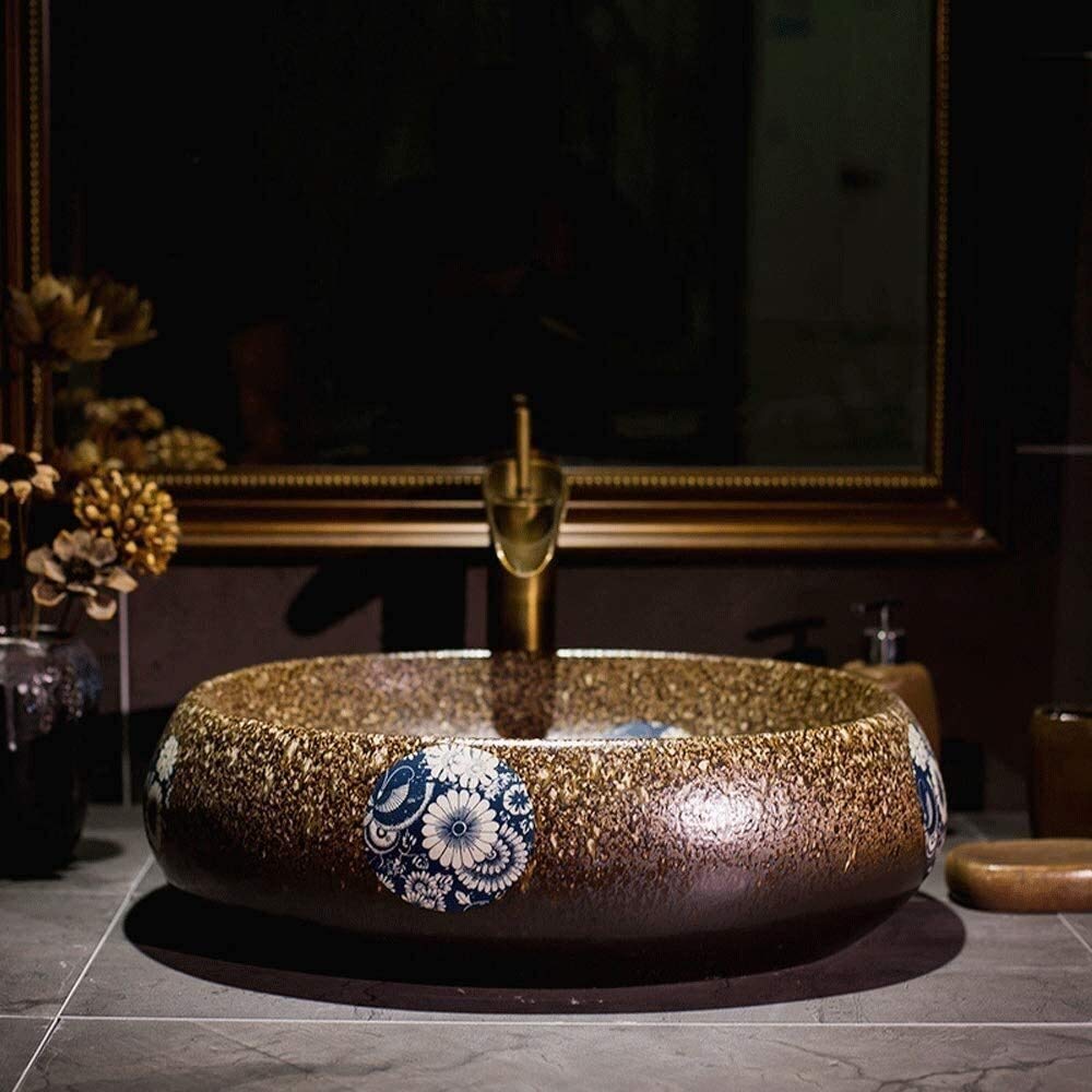 Lavelli della nave, Bagno Nave Sink Hotel di Lusso Art Sink 19 "Sopra il contatore Bagno Vessel Lavello Vanità V-Tire Ovale Porcellana Imitazione Pietra Modello Controsoffitto Bowl Sink