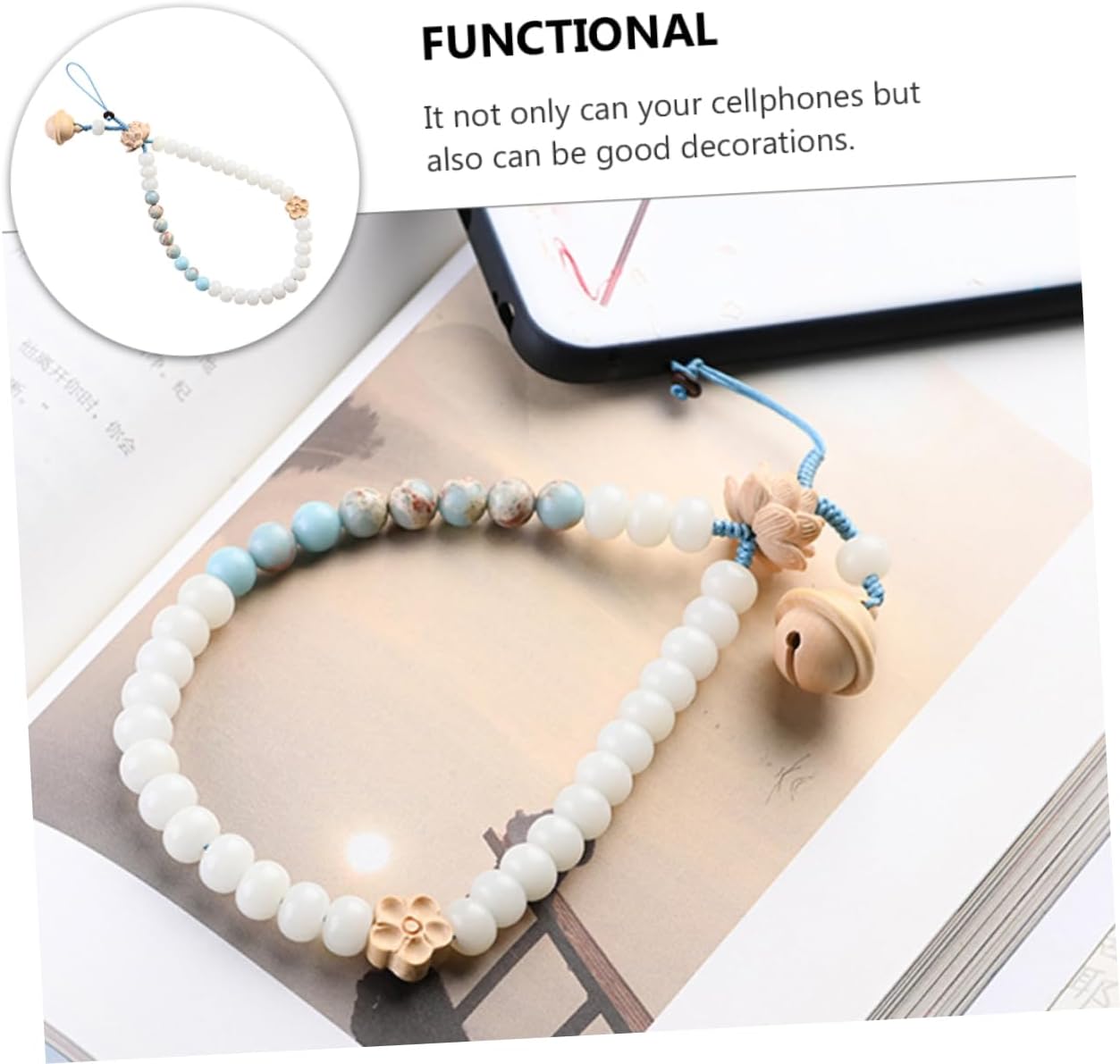 Chinese Style Bodhi Phone Lanyard with Colorful Beads, White Wrist Charm image 3
