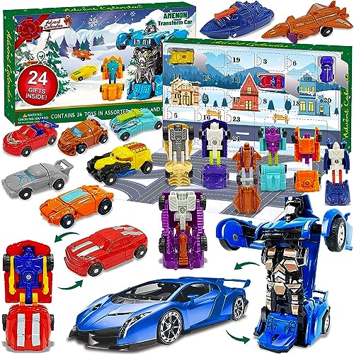 AMENON 24 Pcs Transform Car Robot Toys Christmas Advent Calendar