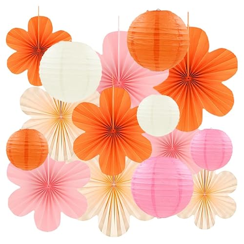 15 Pcs Fall Party Decor Set, Pink and Orange Hanging Paper Lanterns, Paper Flowers Fans for Baby Shower Thanksgiving Birthday Wedding Bachelorette Graduation Classroom Wall Decorations