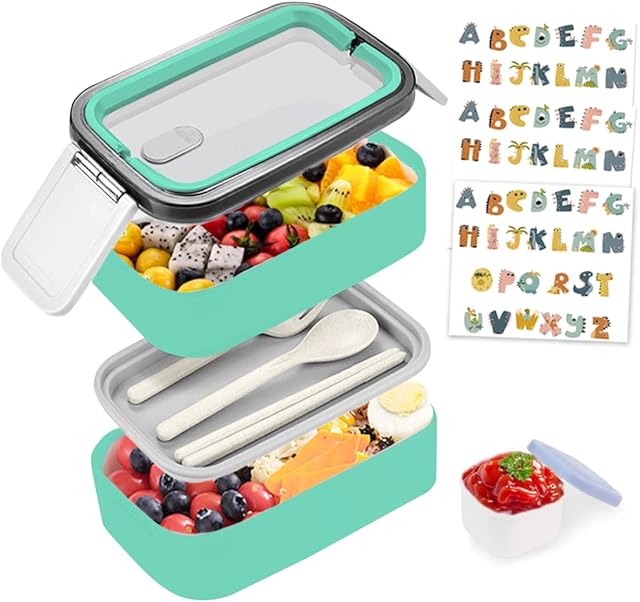 Bugucat Lunch Box 1400ML, Double Stackable Bento Box Container Meal Prep Containe with Cutlery, Sealed Fresh-Keeping Box, BPA Free Lunch Box for Adults and Kids, Microwav Dishwasher Safe Green