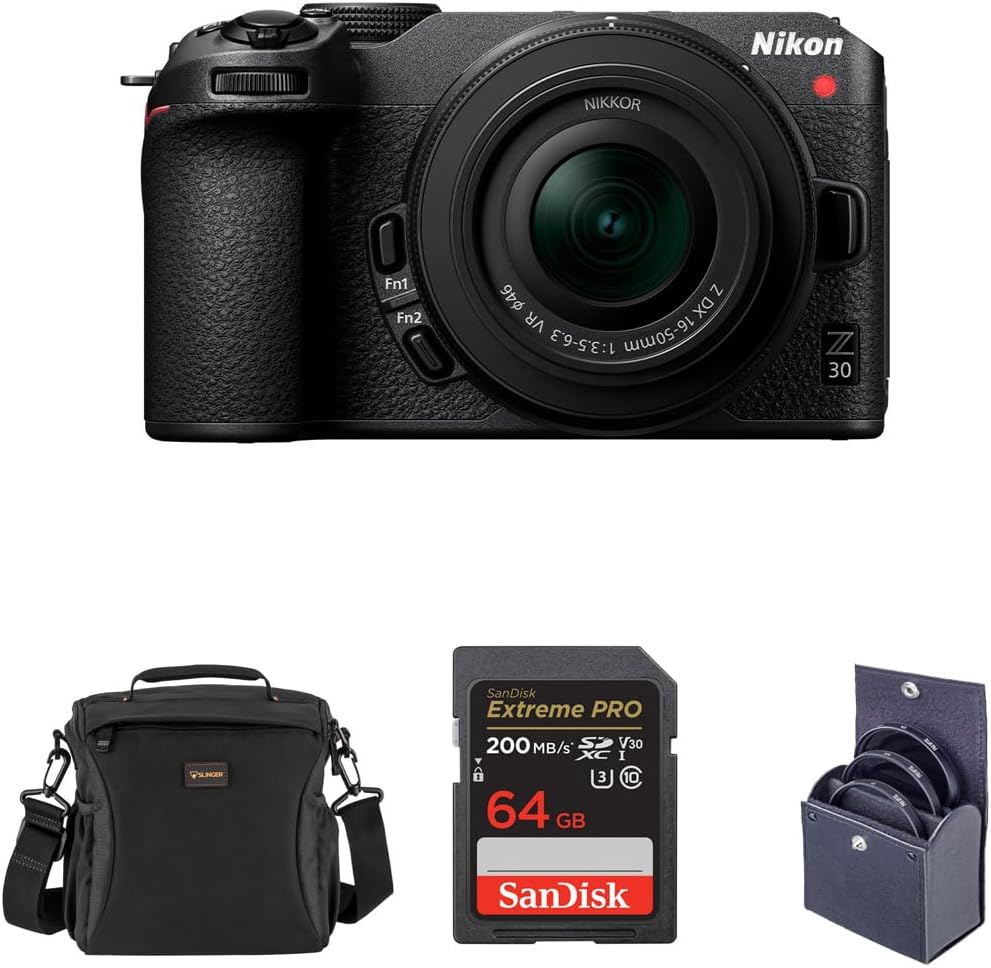 Nikon Z 30 DX-Format Mirrorless Camera with 16-50mm Lens, Bundle 64GB SD Memory Card, Bag, 46mm UV, CPL and ND Filters