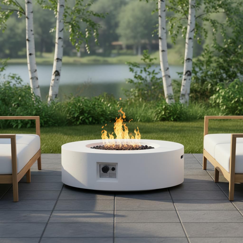 Christopher Knight Home Shila Outdoor Propane Fire Pit Table with Lava Rock, No Assembly MGO Tank Table for Patio/Deck, 50000 BTU, Round Tabletop Fire Pit Outdoor, Modern Patio Fire Table, White