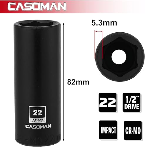 Miniatura 45 de CASOMAN 1/2" Drive x 1.417 in Deep 12 PT Socket Impacto, CR-MO, 1/2" Drive 12 Point Axle Nut Socket para una fácil extracción de las tuercas del eje