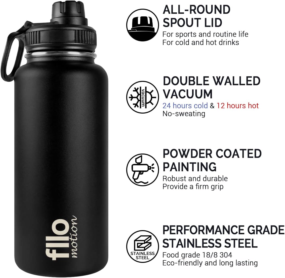 32oz Insulated Water Bottle,BPA Free Stainless Steel Water Bottle,Reusable Thermal Metal Water Bottle with Wide Mouth Spout Lids,Leak-Proof Double Wall Vacuum Flask,Keep Cold and Hot 32oz 32oz black
