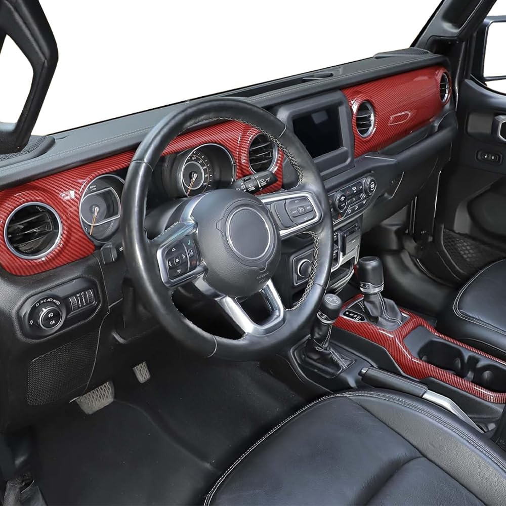 3PCS Center Console Dashboard Panel Trim Gear Shift Panel Cover Kit for Jeep Wrangler JL JLU 2018-2025 Interior Accessories (Carbon Fiber Red)