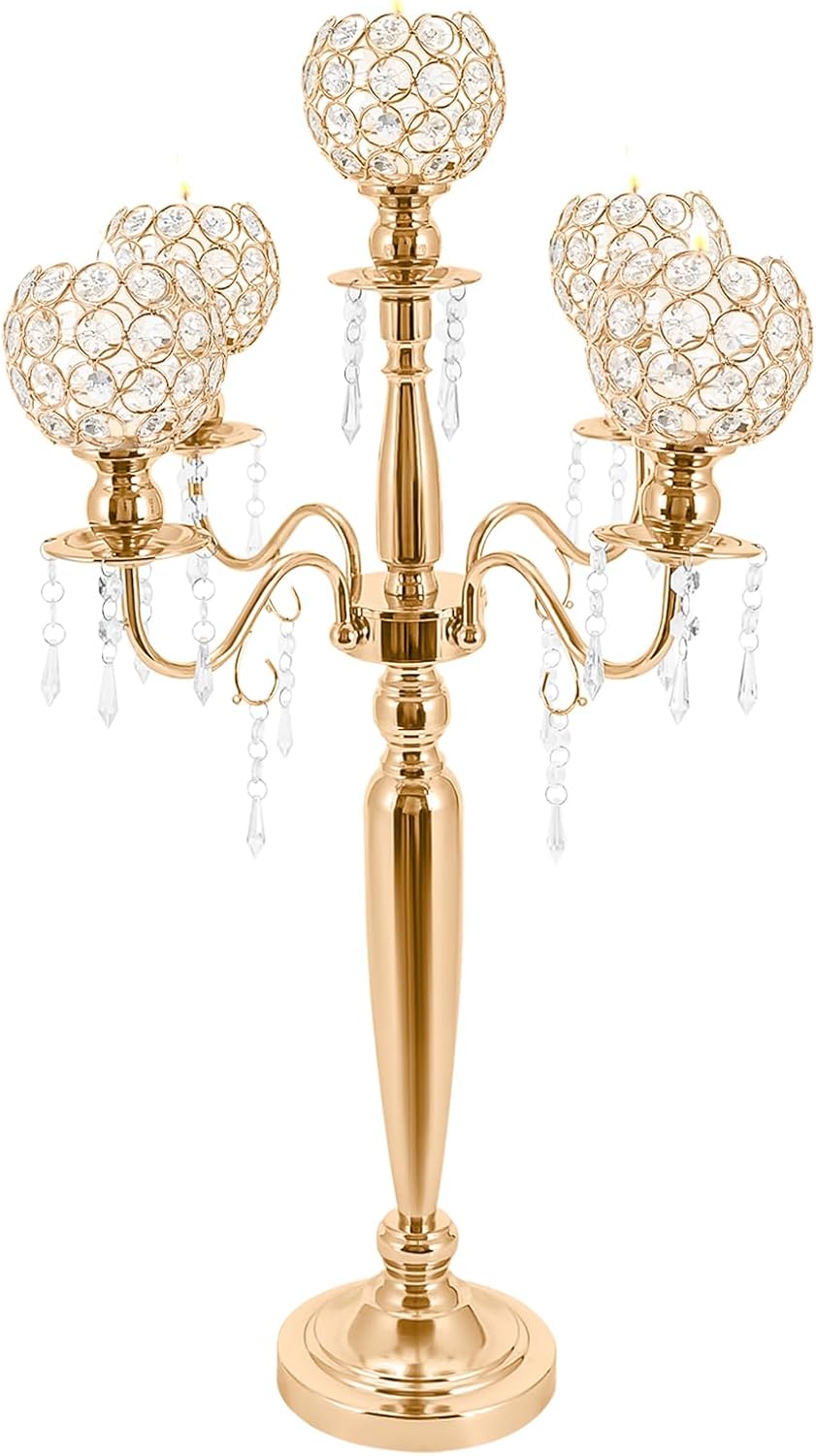 4 PCS 5 Arm Crystal Candelabra Centerpieces, 29.5In Tall Candle Holder Bowl Candelabra Table Centerpieces Decor,Crystal Candle Holder for Home Hotel Restaurant Wedding Decoration (Gold)