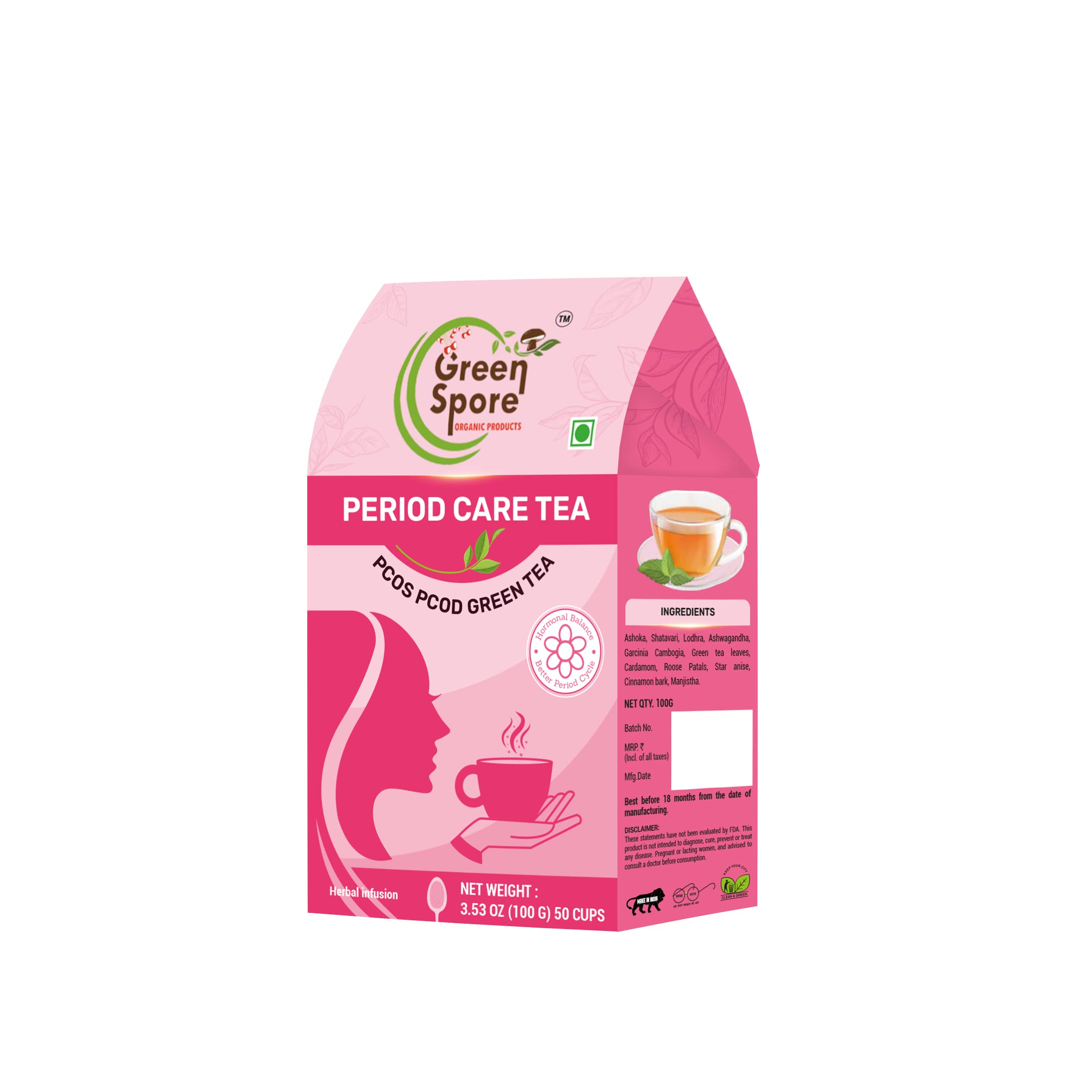 Green Spore Period Care Tea (Pcos Pcod Green Tea) Hormonal Balance And Better Period Cycle - Loose Leaves, 100 Gram