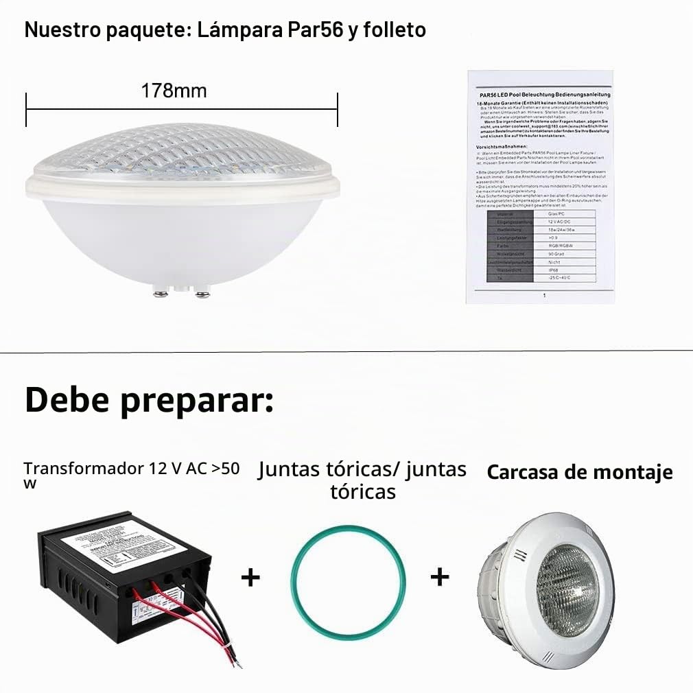 LED PAR56 36 W, PC blanco frío, iluminación para piscina, 12 V 6000 K, IP68 subacuática