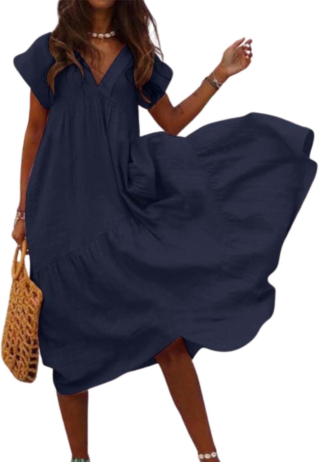 Summer Cute Womens Dresses Short Sleeve and Ruffle Hem Beach Loose Swing Casual Dresses Size Large Available